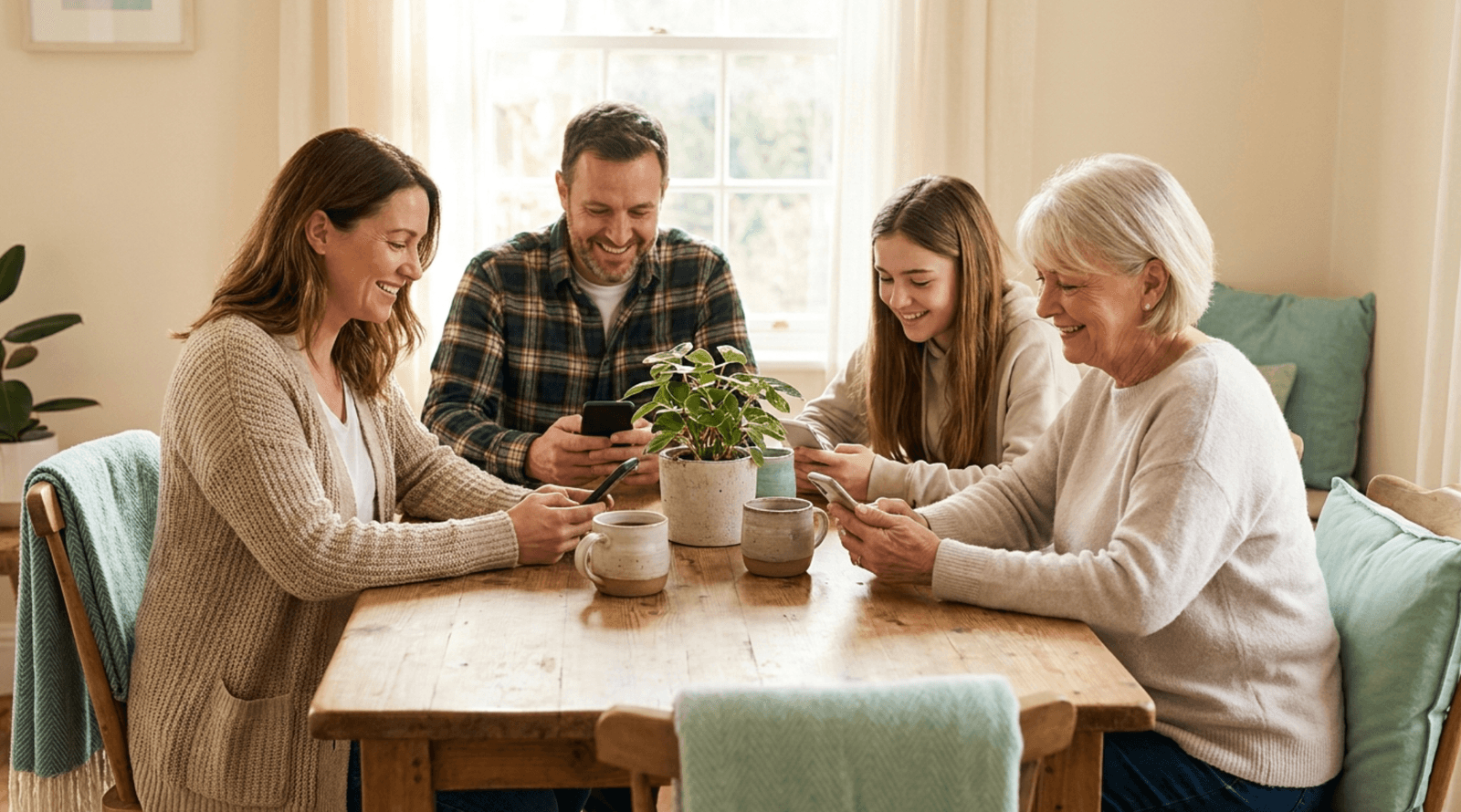 Una família feliç fent servir Randa junts a taula
